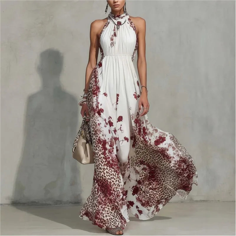 Lunivop  Summer Hanging Neck Sleeveless Waist Party Maxi Dress Women Elegant Hollow Floral Print Pleated Lady Chic Evening Gown Vacation