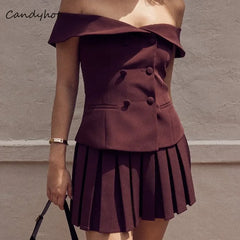 Lunivop   Sexy Off Shoulder Y2K Strapless Double Breasted 2 Piece Set Slim Collar Top And Mini Pleated Skirt Street Women's Set