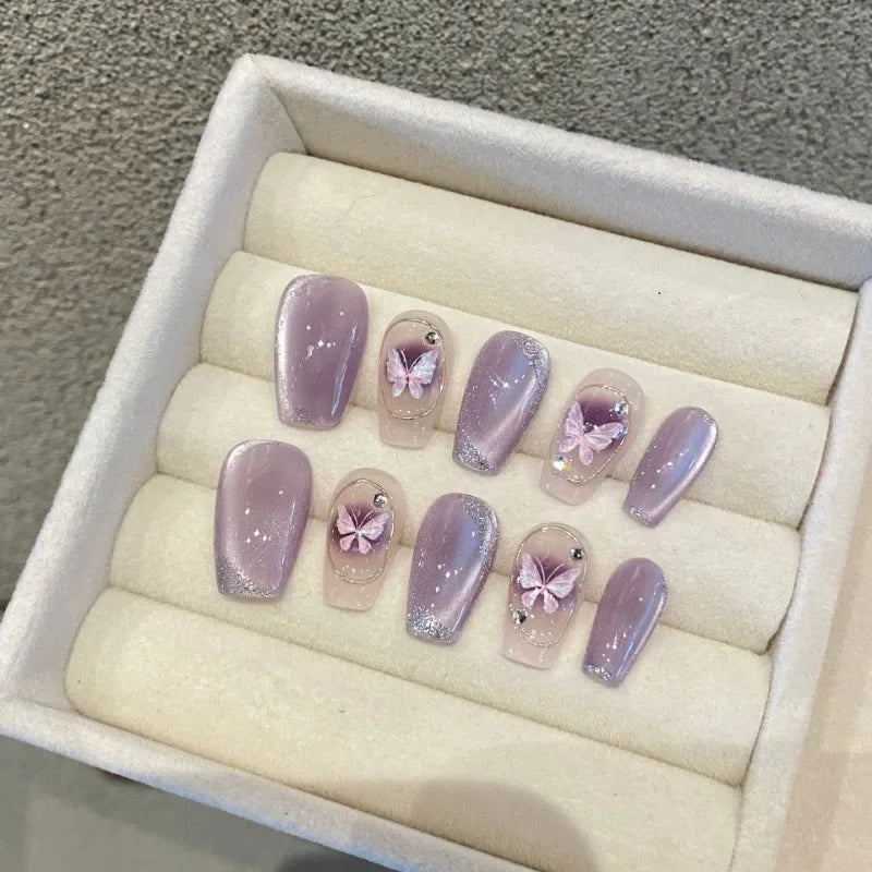 Lunivop  10pcs Purple Cat Eye Fake Nails Buttfly Design False Nails Full Cover Wearable Manicure Fake Nail Tips Handmade Press On Nails