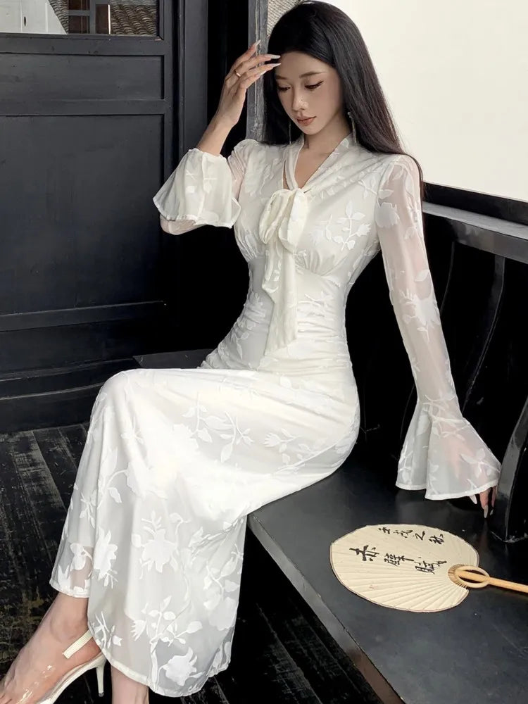 Lunivop  Elegant Flare Sleeve Long Dresses for Women New Autumn V-Neck Slim Wedding Runway Party Lace Vestidos Vintage Clothing Long Robe