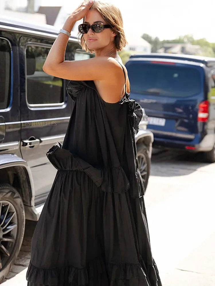 Lunivop   Ruffle Pleated Sling Midi Dress Women Elegant Sleeveless Backless Loose Robes 2025 Summer Female Vacation Beach Party Long Dress