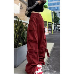 Lunivop Vintage Casual High Waist Red Cargo Pocket Pants For Women Streetwear Style Wide Leg Overalls Baggy Y2K Trouser