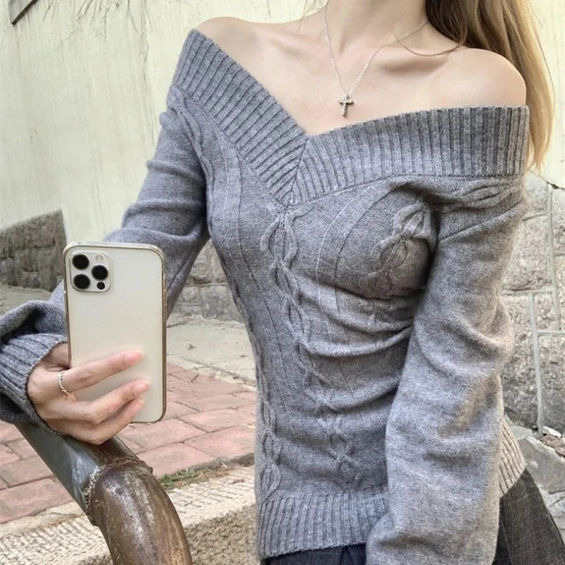 Lunivop Korean Style Grey Sexy Sweater Women Sweet Off Shoulder V-neck Knitted Pullover Slim Up Fashion Long Sleeve Sweaters