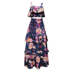 Lunivop  2 Piece Set Women Stylish Floral Elegant Printed Sleeveless Short Top+Loose High Waist Pleated Long Skirt Sets
