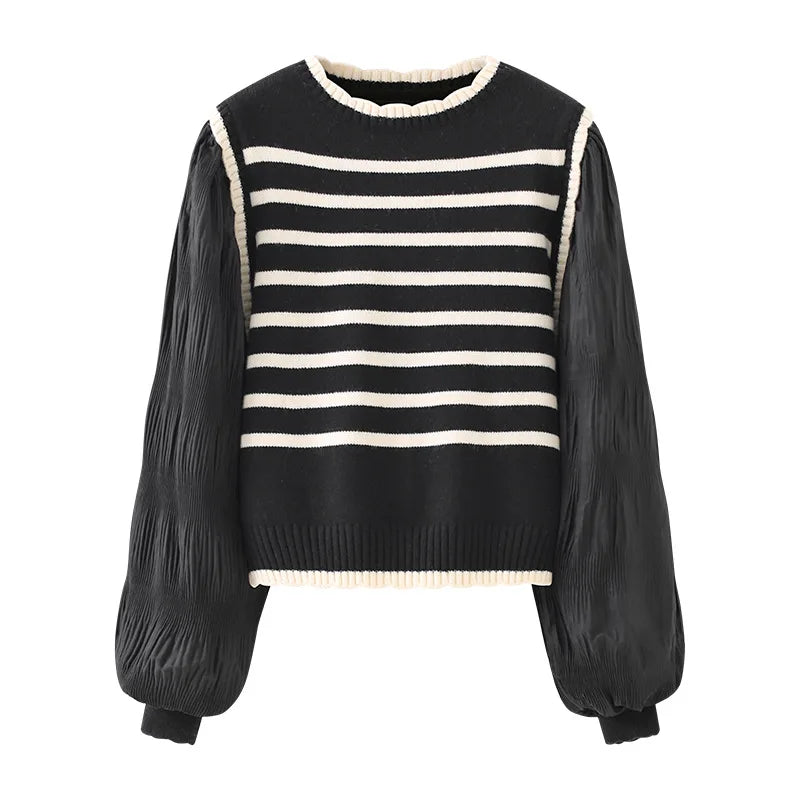 Lunivop Fake Two Piece Sweater Women Contrast Striped Puffed Sleeve Knitted Pullover Jumper Blouse Korean Fashion Top Fall Winter Outfit
