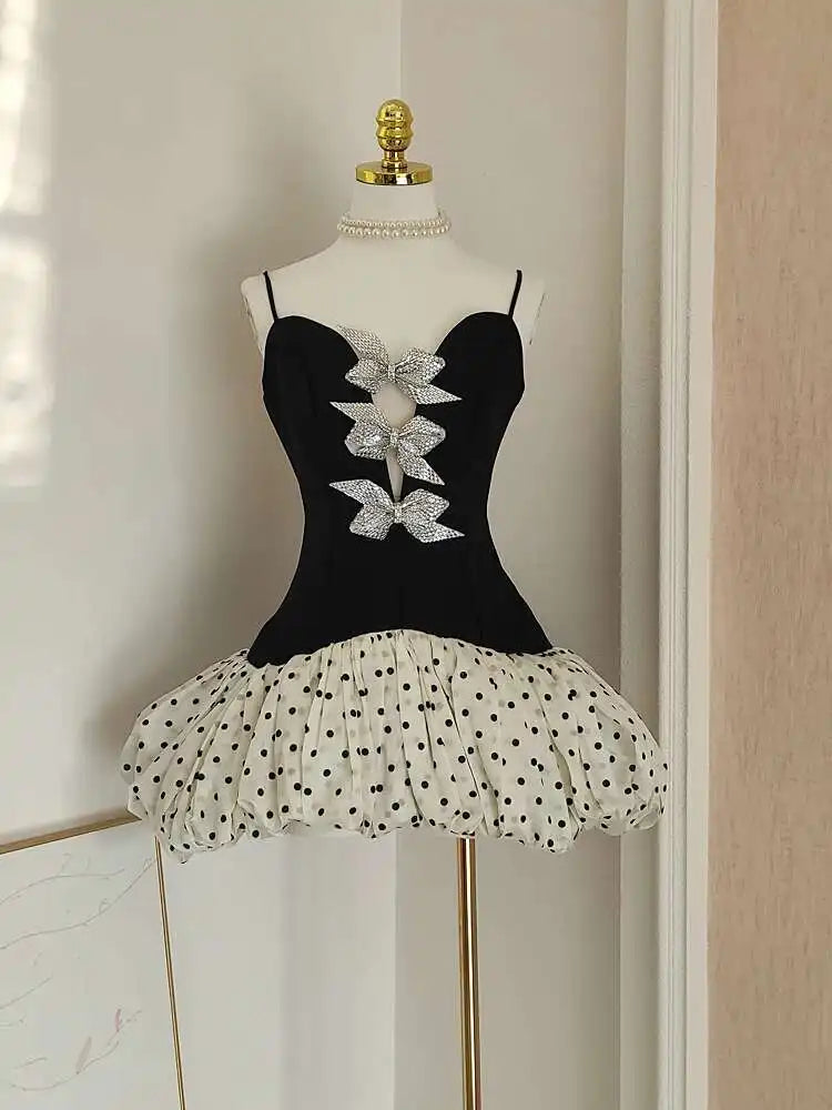Lunivop 2025 New Black And White Women Dress Sparkling Bow Embellishments Polka Dot Puffy Skirt Cute Stylish Dresses Female