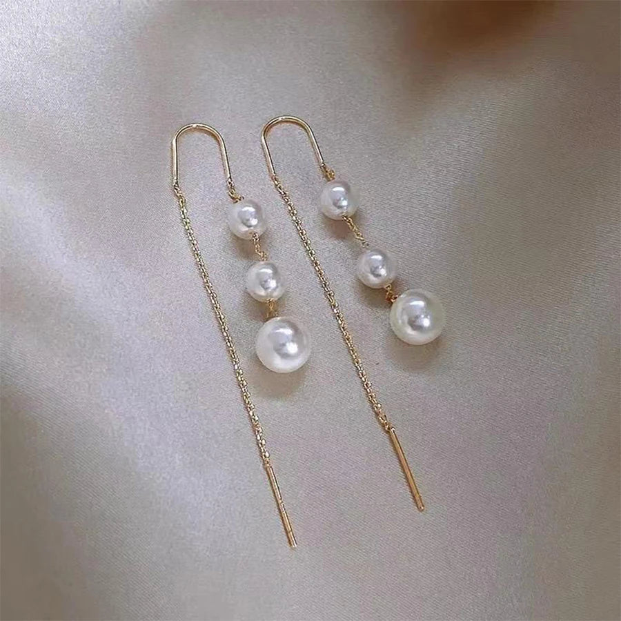 Lunivop New Trendy Simple Pearl Long Chain Tassel Earrings for Women Glossy Copper Studs Elegant Niche Design Party Jewelry Gifts