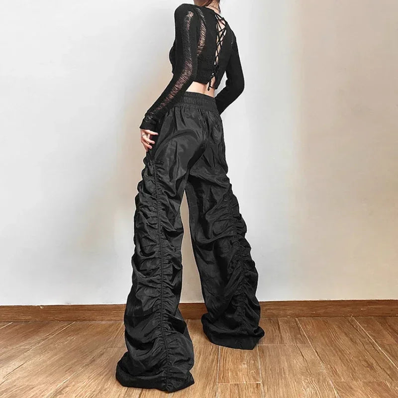 Lunivop Vintage High Waist Drawstring Black Casual Pants Women 2025 Spring New Streetwear Pleated Loose All Match Wide Leg Pants