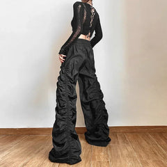 Lunivop Vintage High Waist Drawstring Black Casual Pants Women 2025 Spring New Streetwear Pleated Loose All Match Wide Leg Pants