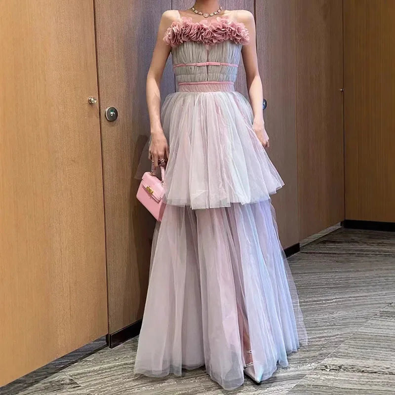 Lunivop  Fashion Women Dress Sleeveless 3D Flowers Splicing Double-layer Large Skirt Hem Female Party Dress New Tide