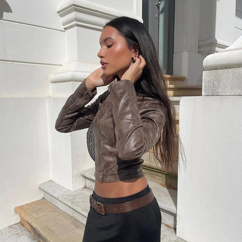 Lunivop Fashion Leather Slim Long Sleeve Zipper Short Coat Casual Streetwear Daily Outfit Jacket Vacation Y2K Women Clothing