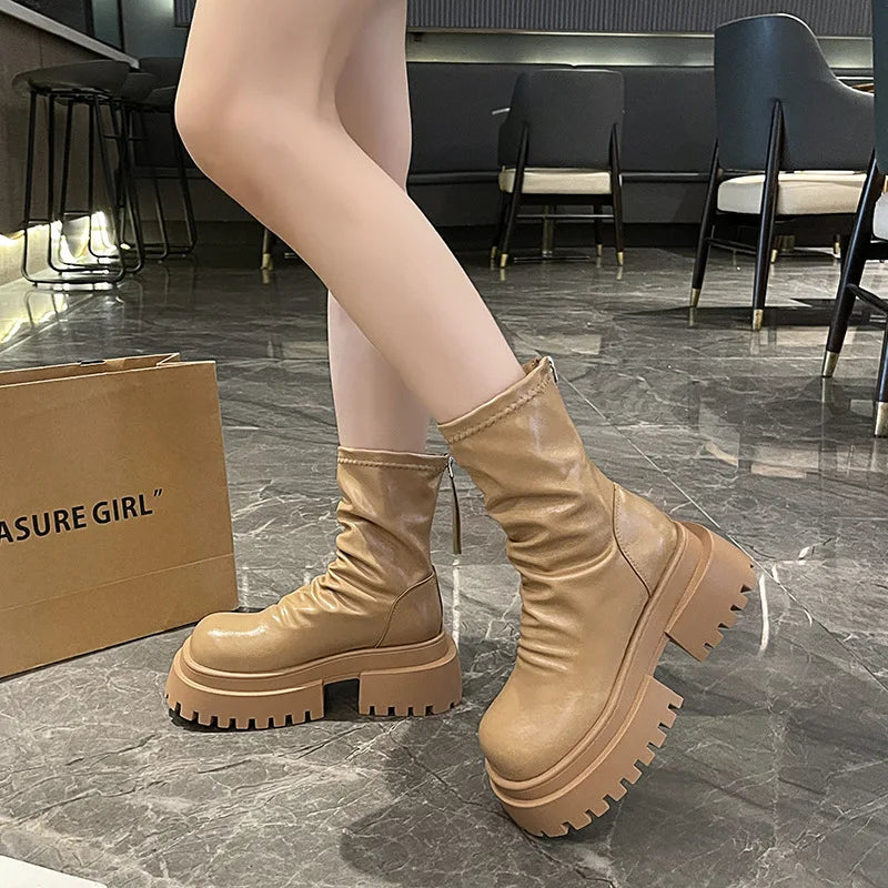 Lunivop Platform Thick Heel Women Knight Short Boots Fashion Pleated Back Zipper Elastic Slim Ankle Booties Autumn Winter Female Shoes