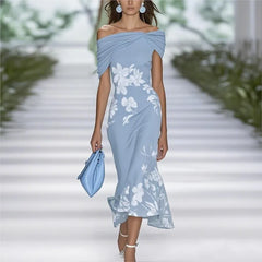 Lunivop  Summer Commuting Long Dress Flower Print Off Shoulder Women's A-line Dress New Fashion Hollow High Waist Wrap Hip Dress