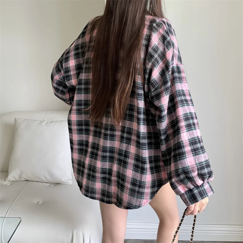 Lunivop Women Tartan Shirt Long Sleeve Collared Button Up Oversized Plaid Shirt Flannel Jacket Grunge Teenage Girl Spring Summer Outfit