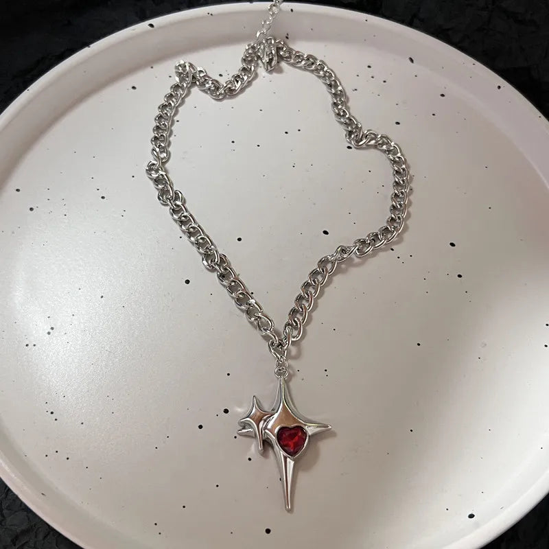Lunivop Gothic Religious Cross Red Heart Pendant Necklace Set for Women Grunge Hip Hop Necklace Jewelry Gifts