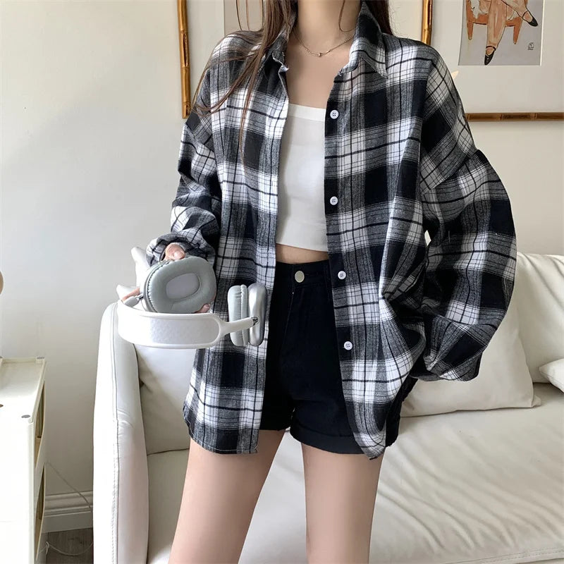 Lunivop Women Tartan Shirt Long Sleeve Collared Button Up Oversized Plaid Shirt Flannel Jacket Grunge Teenage Girl Spring Summer Outfit