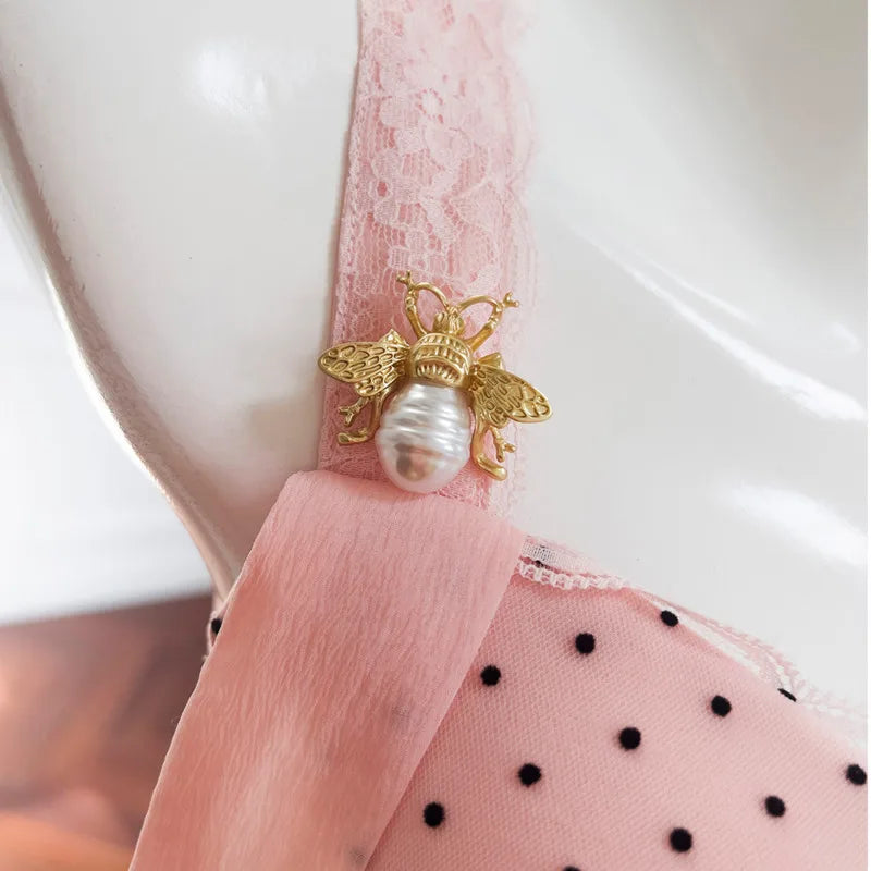 Lunivop  French Style Polka Dot Slip Women Dress Brooch Zipper Lace-Up Pearl Flower Bud Short Dresses Female 2025 Spring New