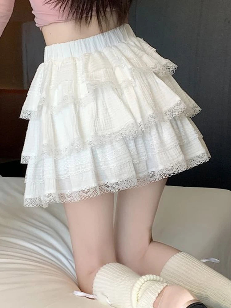 Lunivop Preppy Style Sweet White Skirts Women High Waist Chic Korean Mini Skirt Lace Patchwork Elegant Female Fashion A Line Skirts