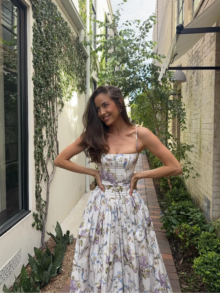 Lunivop  Vintage Flower Print High Waist Pleated Maxi Dress Women Sexy Backless Sleeveless Long Dresses Summer Sexy Vocation Party Robe