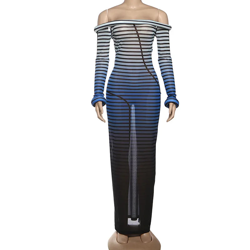 Lunivop  Gradient See Through Mesh Striped Print Bodycon Maxi Dress 3D Slash Neck Off Shoulder Full Sleeve Party Clubwear Long Robe