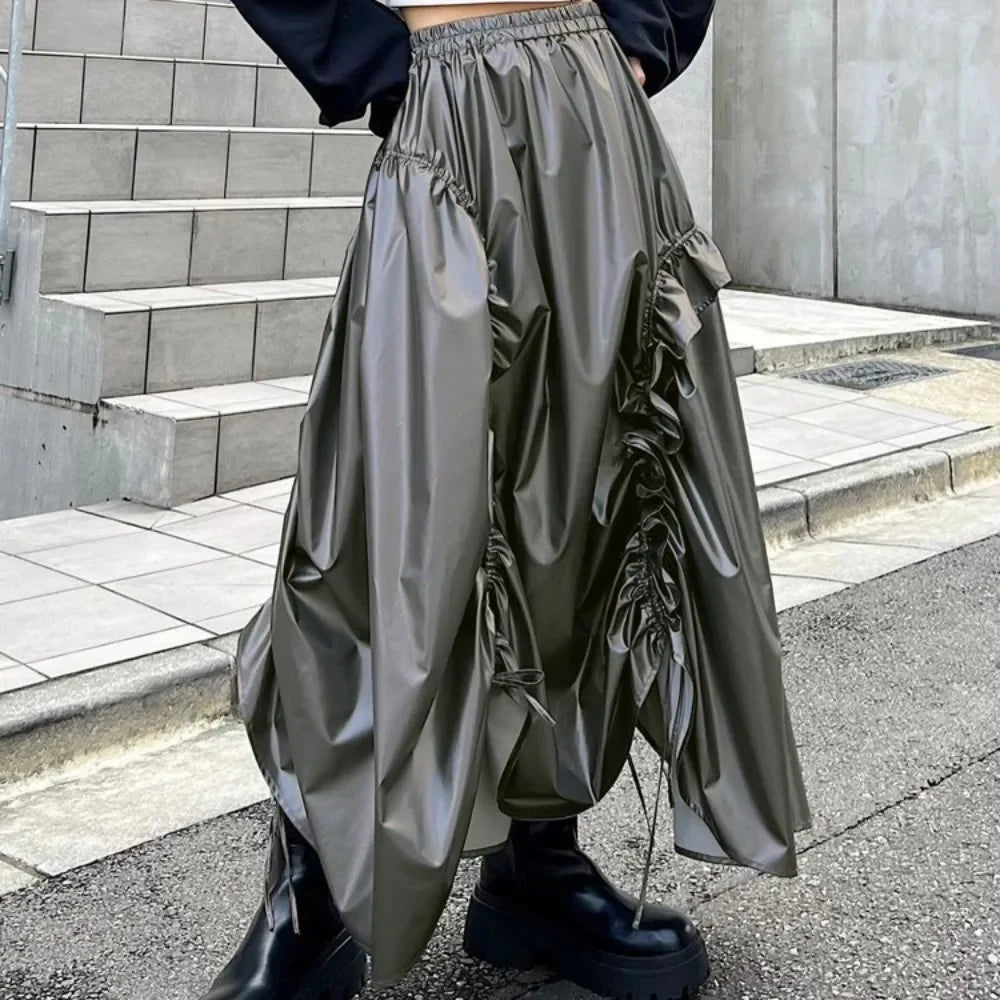 Lunivop Gray Shirring Maxi Skirts for Women Fashion High Waist Irregular A-line Skirt Autumn Winter Vintage Ruffle Y2K Skirt