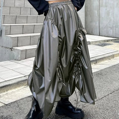 Lunivop Gray Shirring Maxi Skirts for Women Fashion High Waist Irregular A-line Skirt Autumn Winter Vintage Ruffle Y2K Skirt