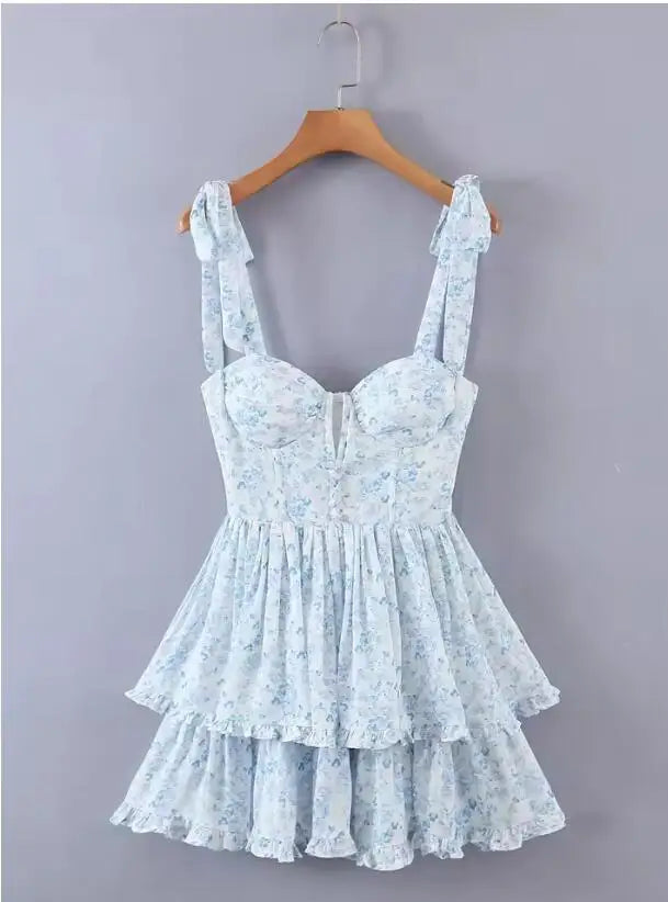 Lunivop  Sweet Pink Flower Print V Collar Sling Dress Women Corset Style Low Waist Folds Hem Ball Gown Swing Short Dresses Mini Tank Robe