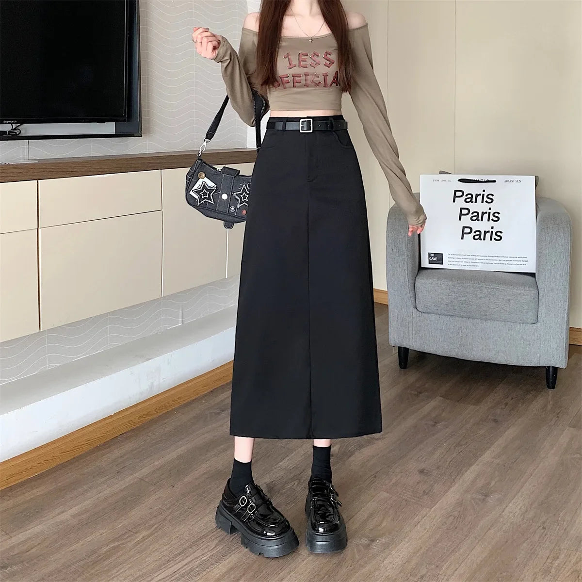 Lunivop High-waisted Slimming Skirt Greysuit Women's Lightweight Casual A- line Medium-length Dress