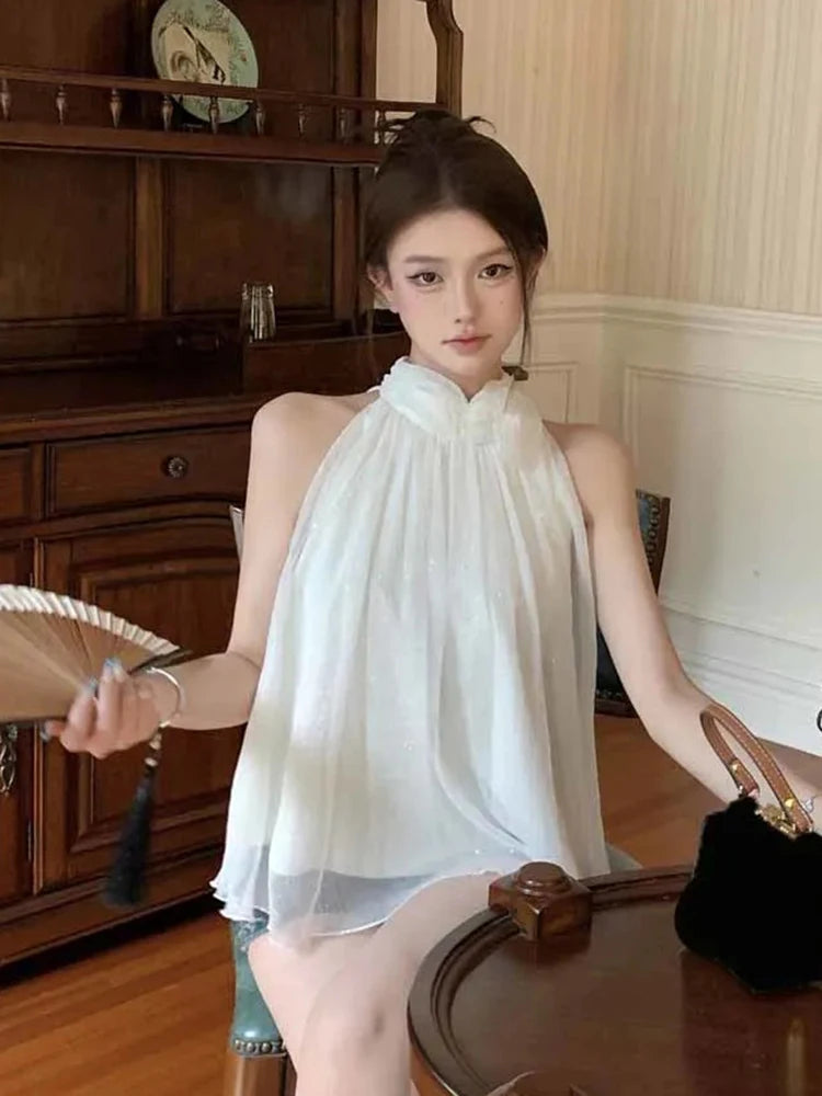 Lunivop  3D Floral White Mesh Tanks Women Loose Elegant Sweet Halter Tanks Casual Fashion Female Summer Korean Sleeveless Chic Tops