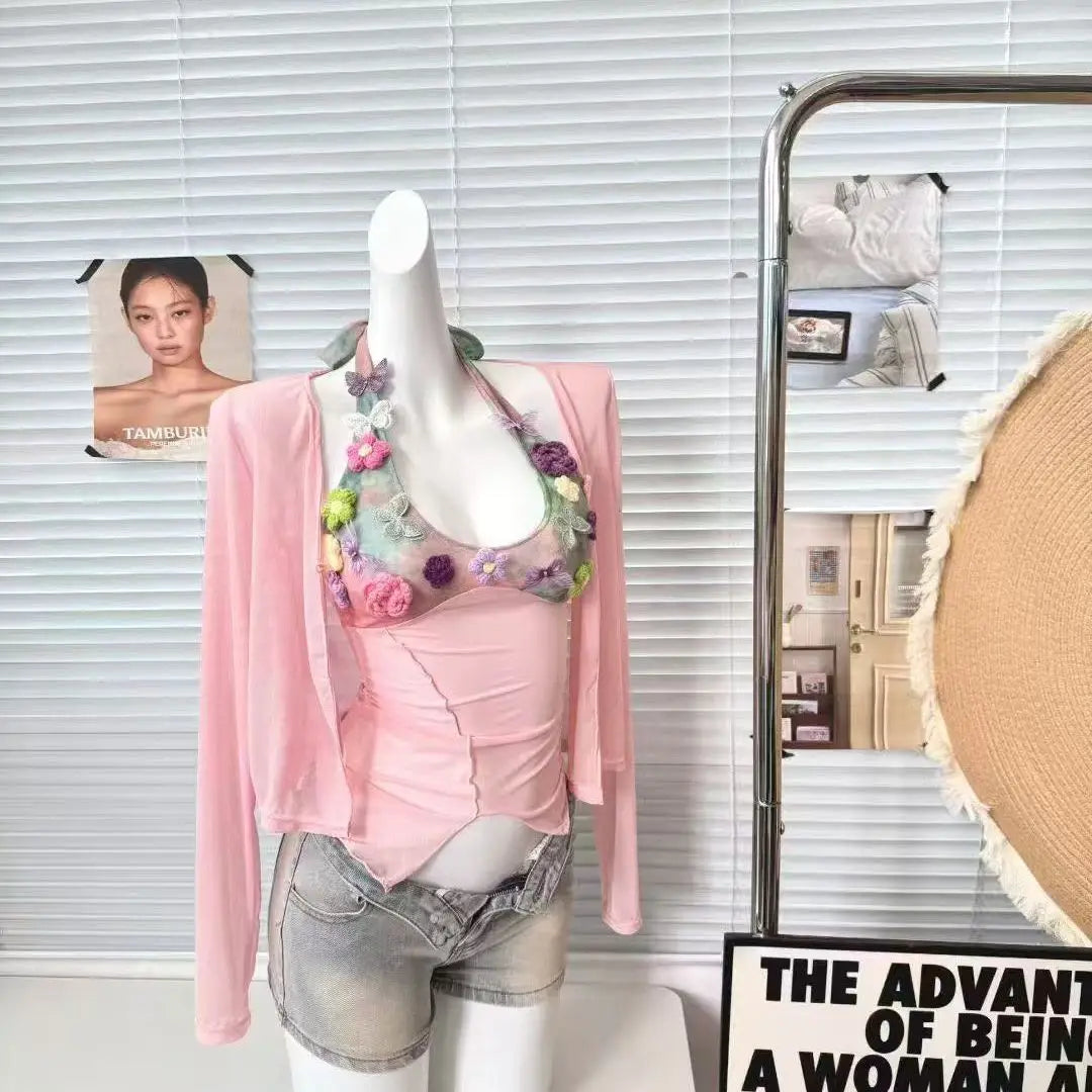 Lunivop  Irregular Heavy Halter Lace Up Sling Vest Dopamine Mesh Slim Korea Chic Ins Tanks All-match Trendy Hot Sell Moda New Tees