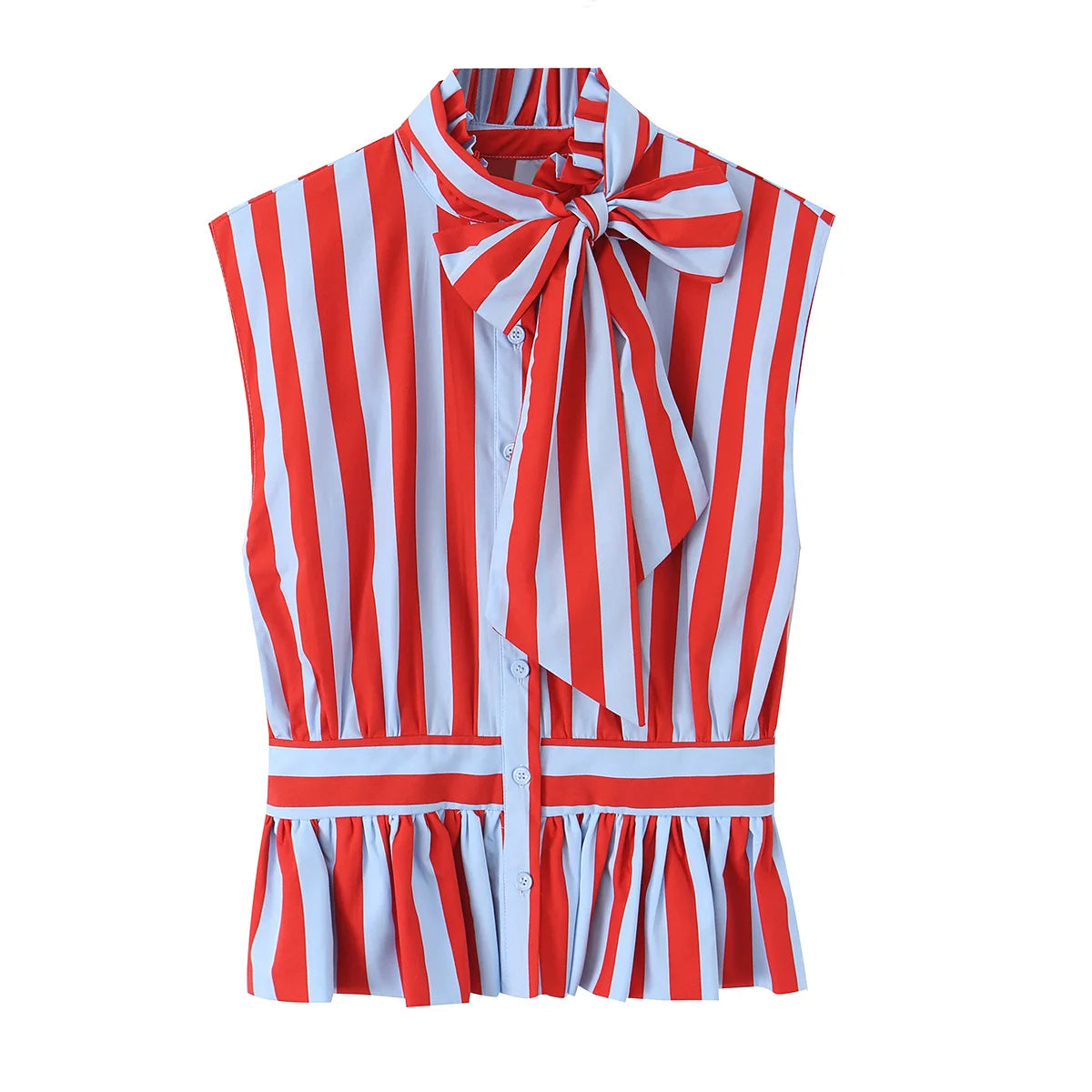Lunivop  Bow Tie Neck Sleeveless Striped Blouse Women Ruffle Hem Shirt Summer Tops