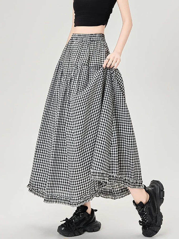 Lunivop  Vintage Plaid Long Skirts Women Loose Y2K High Waist A Line Skirts Japan Retro Casual All Match Black White Plaid Skirt New