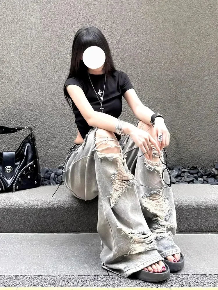 Lunivop Large size fat mm American retro Spice Girl washed ripped jeans women's summer new street loose wide-leg trousers