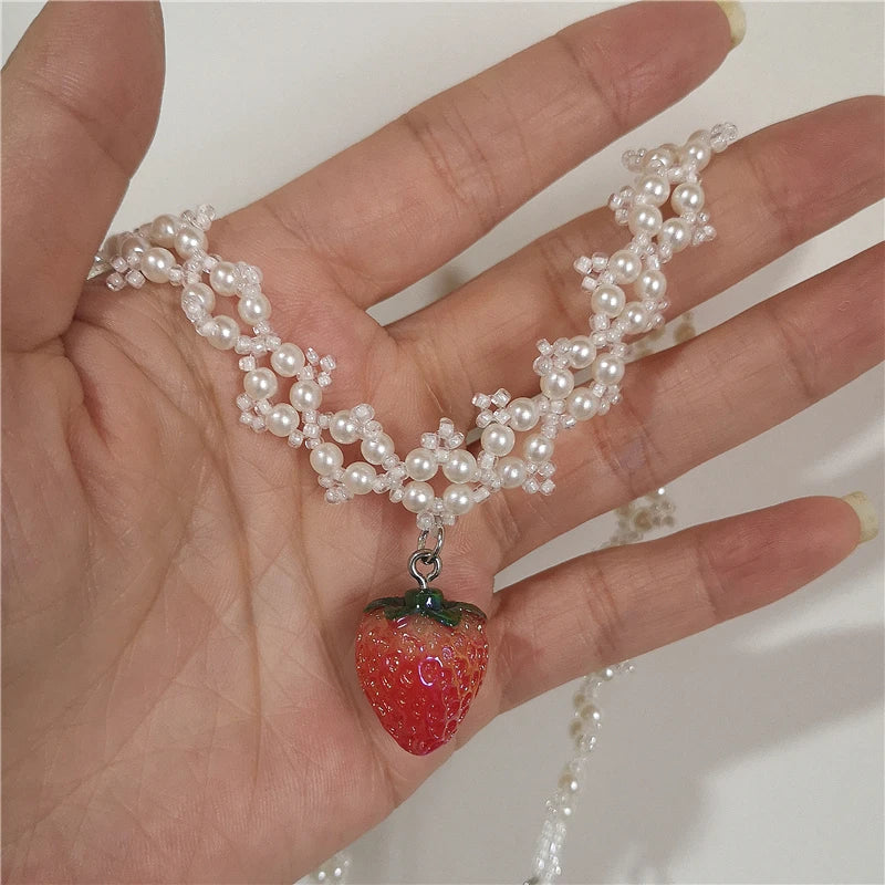 Lunivop Vintage Aesthetic Cute Strawberry Pendant Handwoven Pearl Flower Choker Necklace Women's Holiday Party Jewelry Y2K Accessories