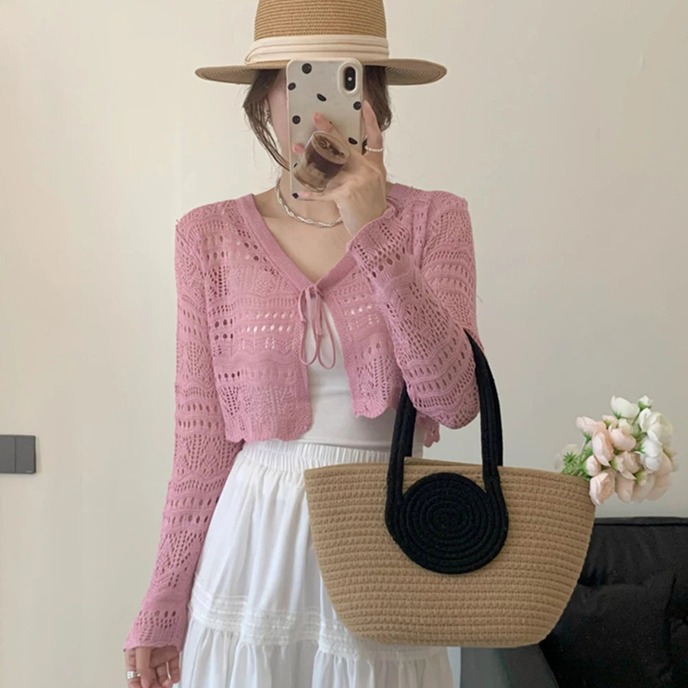 Lunivop Tie Front Crop Cardigan Long Sleeve Pointelle Knit Openwork Shrug Jacket Women Teen-girl Spring Summer Fairycore Outfit