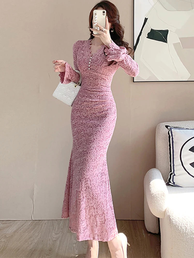 Lunivop  Autumn Winter Pink Lace Hook Flower Hollow Prom Vestidos Women Fashion Bodycon Party Dress and Events Korean Casual Dresses