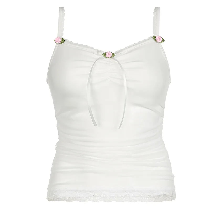Lunivop Fairy-Women's Sleeveless Crop Tops, White Bow Lace Trim Camis, Vintage, Kawaii, Slim Fit Tank Tops, Y2K Coquette, 00s