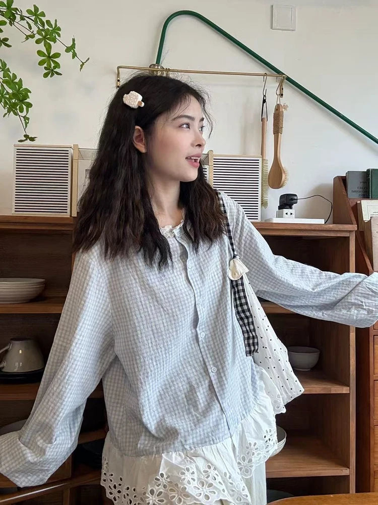 Lunivop  Women Sweet Plaid Shirt Korean Fashion Lace Patchwork Loose Blouse Elegant Casual Preppy Style O Neck Female Chic Tops New
