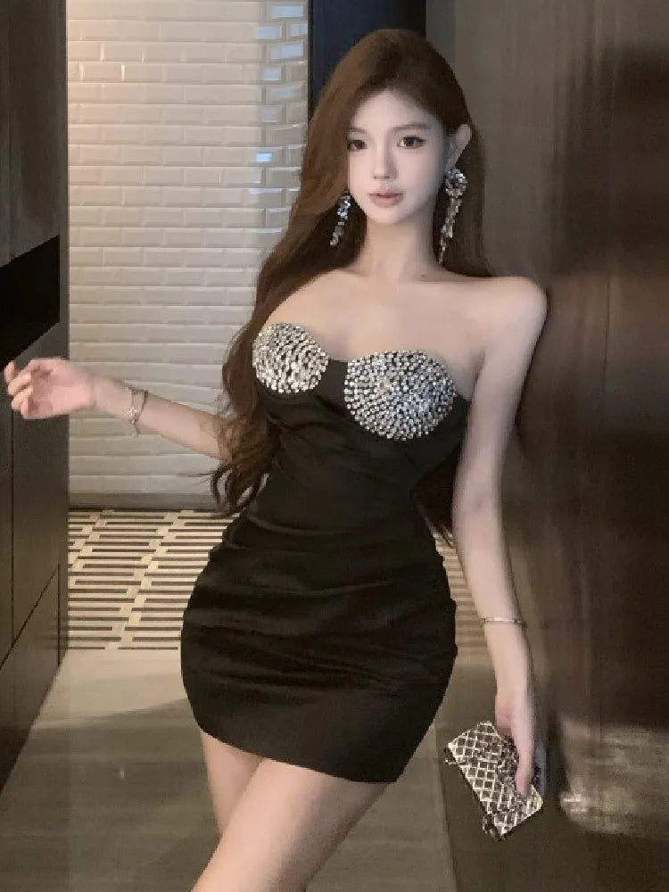 Lunivop  Woman Dress Strapless Rhinestone Slim Sexy Elegant Backless Summer Fashion Vintage Ladies Mini Dresses Clubwear Cocktail