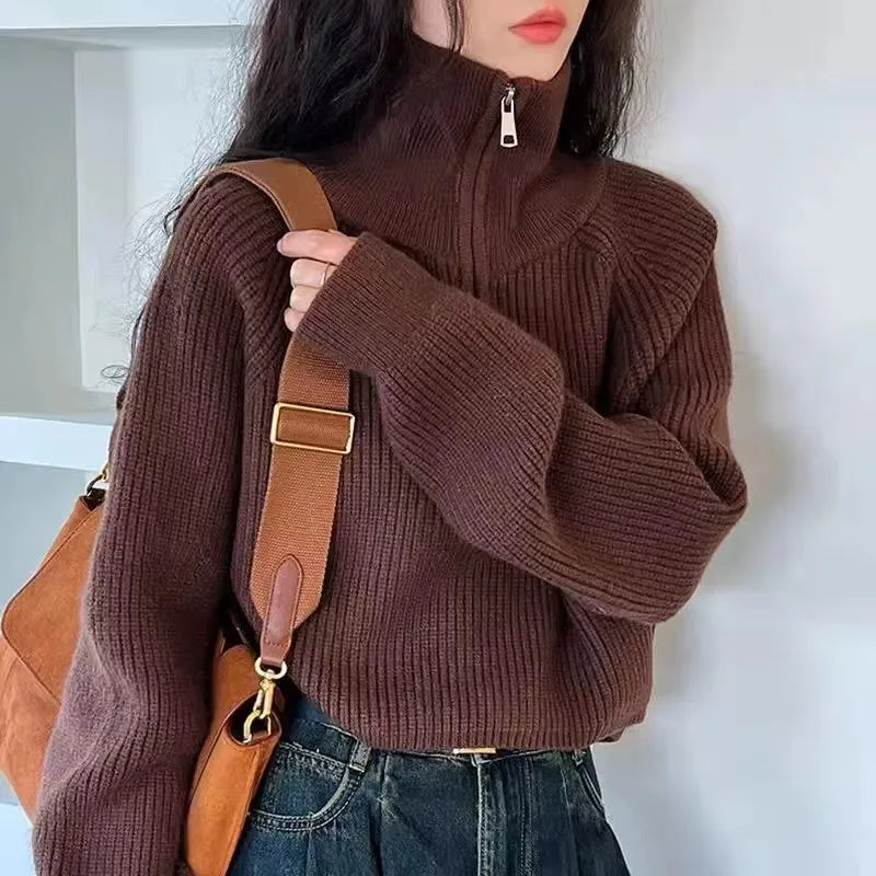 Lunivop Half Zip Collar Sweater Women Pullovers Soft Knitted Long Sleeve Short Jumper Fall Winter Teen-girl Korean Fashion Outfit