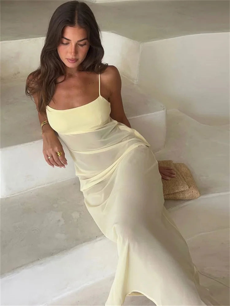 Lunivop Summer Mesh Slim Halter Dresses For Women See-Through Backless Square Collar Elegant Patchwork Dress Female Long Dress New