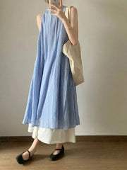 Lunivop  Women Beach Sweet Long Skirt Casual Loose O Neck Elegant Patchwork Dress Vintage Korean Summer Design Lady Retro Blue Dress