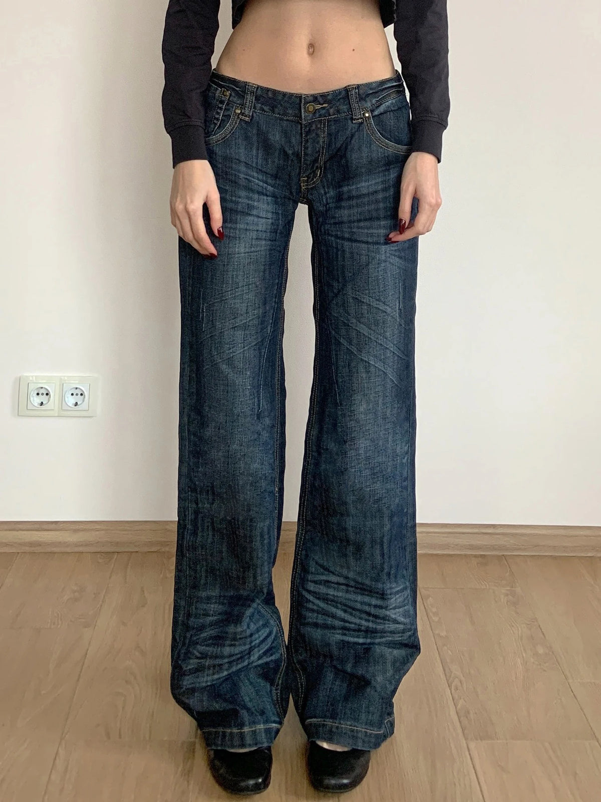 Lunivop Chic Patchwork Pockets Jeans Korean Fashion Low Rise Casual Straight Denim Pants Distressed y2k Trousers for Women Basic