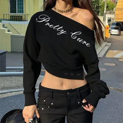 Lunivop  BKLD Inclined Collar Letter Printed Fashion Crop Tops Autumn New Street Style Long Sleeve Loose Asymmetric Sexy Casual Pullovers