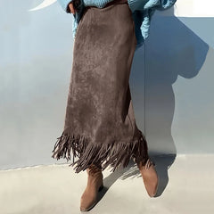 Lunivop  Retro Women's Suede Midi Skirt Daily Casual High Waisted Solid Colors Tassel Hem Skirts Fashion Street Autumn Winter Chic Outfit