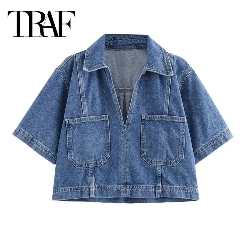 Lunivop Blue Denim Shirt Woman Short Sleeve Cropped Shirt Women Summer Short Tops Woman Streetwear Y2k Stylish Women's Blouses