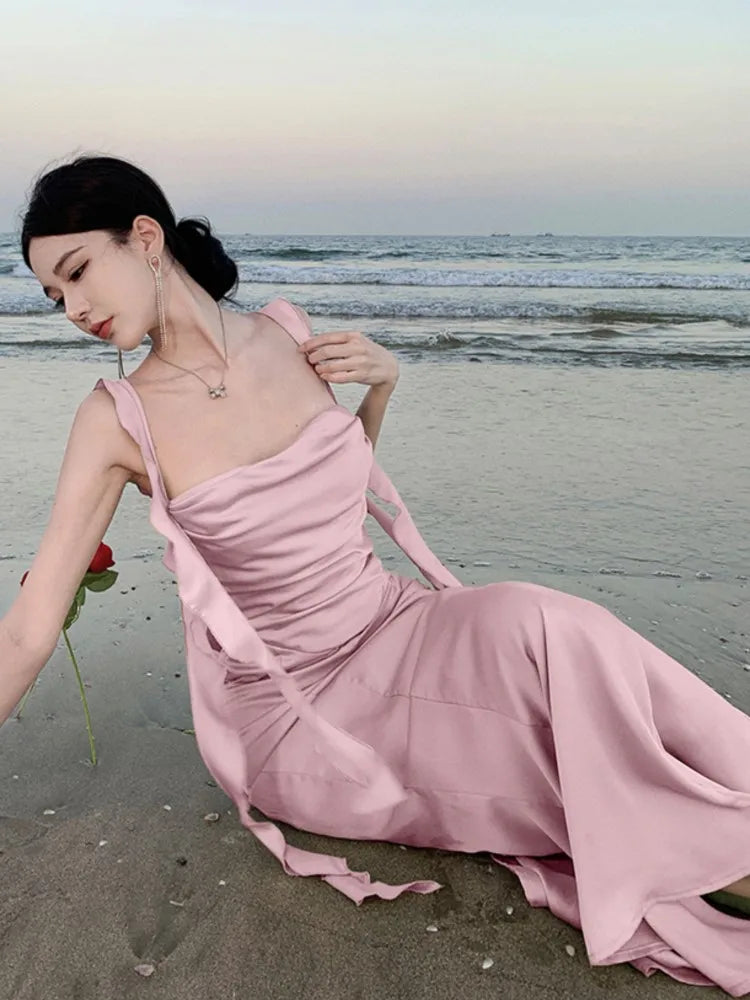 Lunivop  Sweet Pink Backless Womens Dresses Sexy Spaghetti Strap Sleeveless Wedding Evening Dress Elegant Gown Female Split Vestidos New
