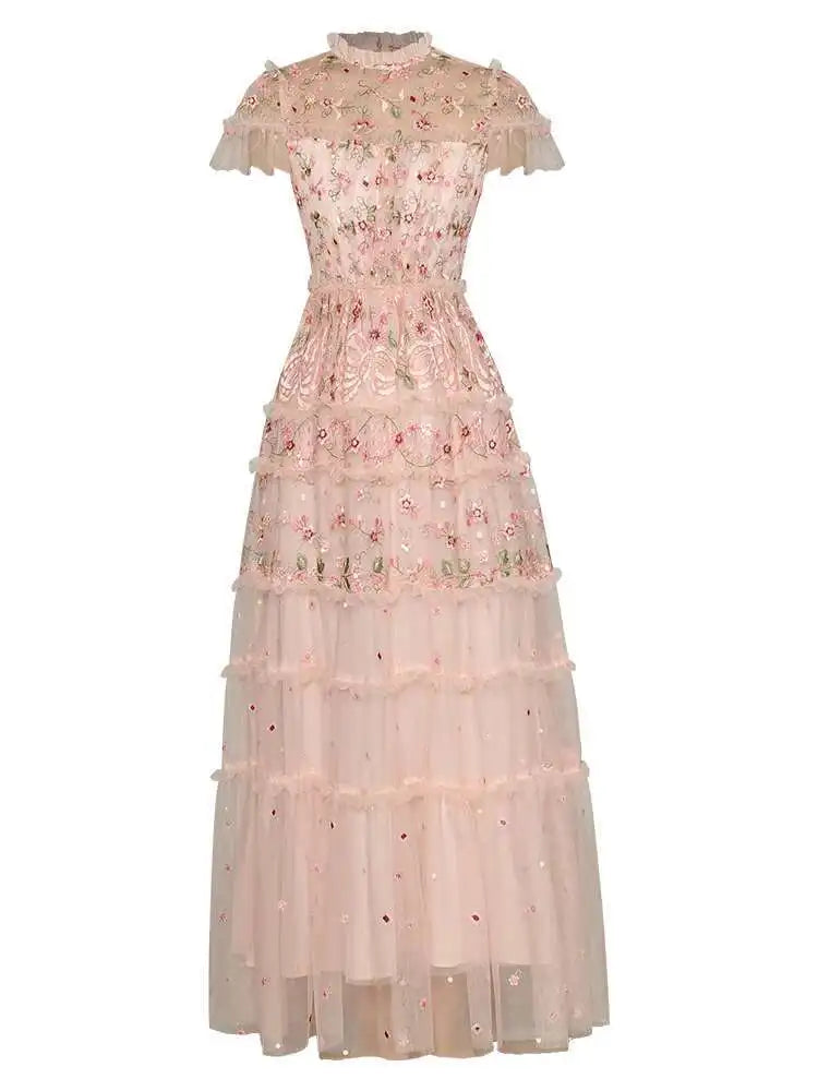Lunivop  Solid Big Swing Heavy Industry Mesh Embroidery Women's Dresses Round Neck Short Sleeve High Waist Dress Summer 2025