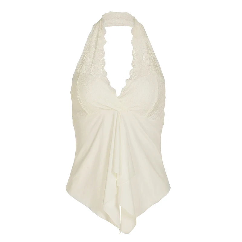 Lunivop  Elegant Solid Lace Stitching Crop Top Cute Loose V-neck Sleeveless Halter Tees Vintage y2k Summer Backless Irregular Tees