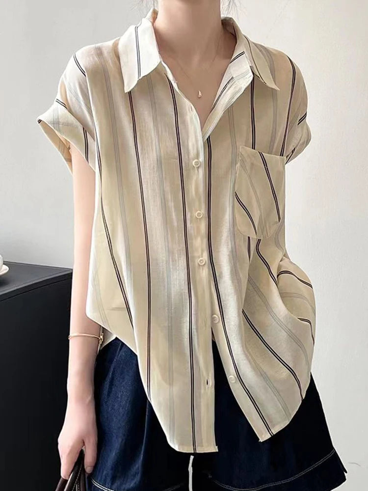 Lunivop Loose Women Striped Shirt Vintage Short Sleeve Casual Pocket Blouse French Retro Simple Female Summer Elegant Sweet Tops